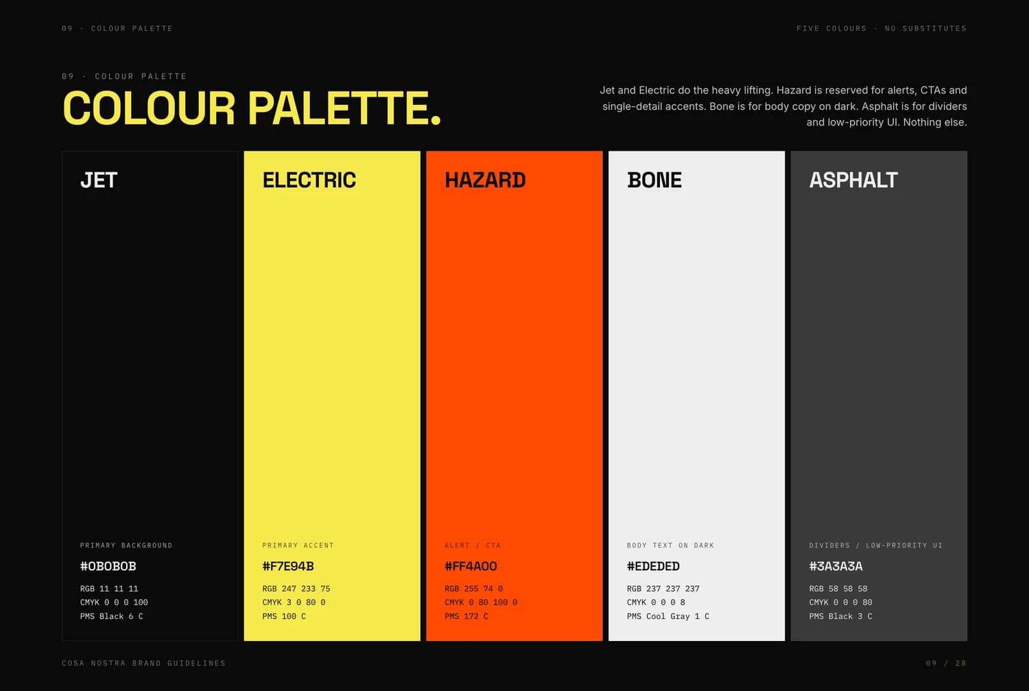 Colour palette page: Jet, Electric, Hazard, Bone and Asphalt