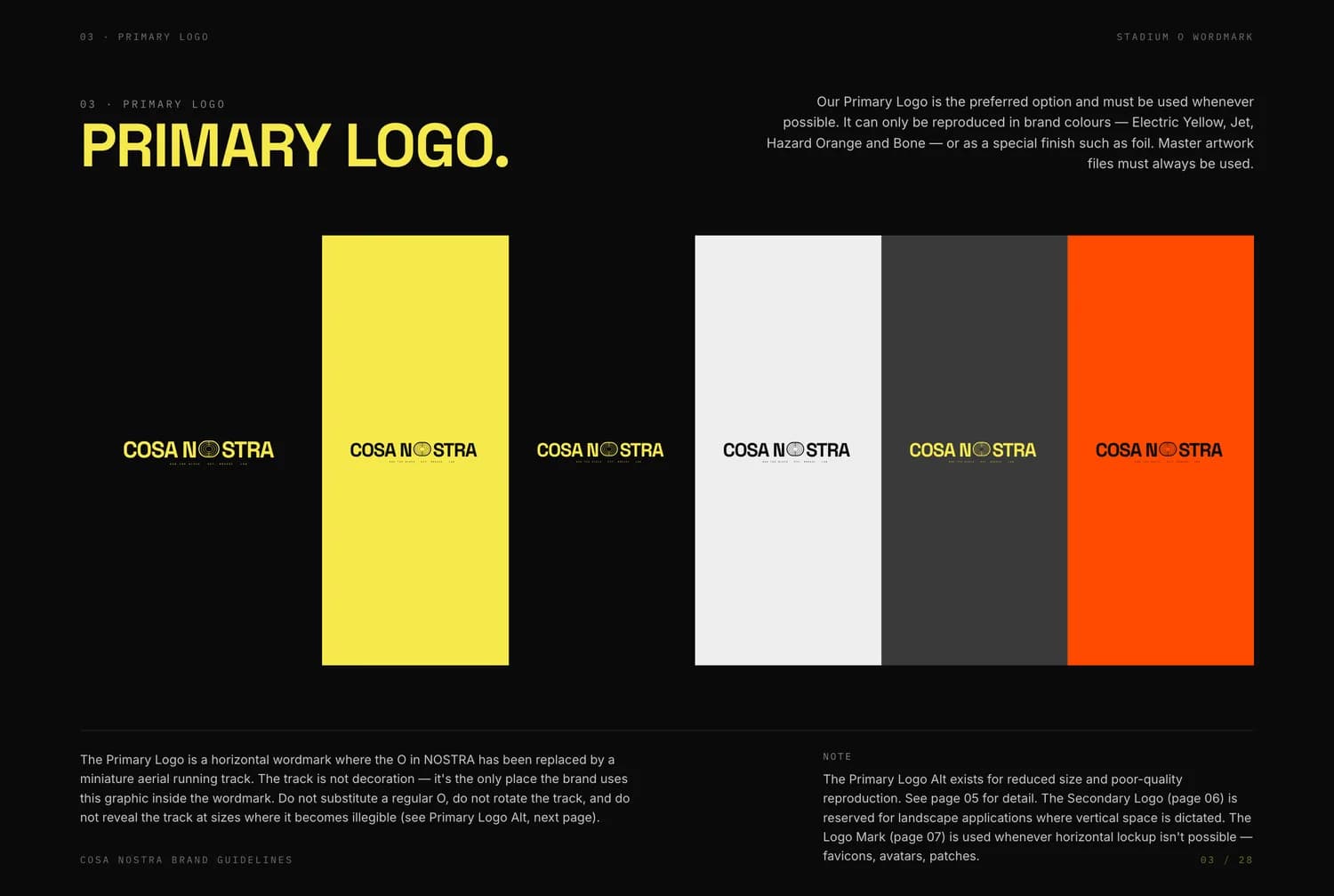 Primary logo page with the stadium-O mechanic