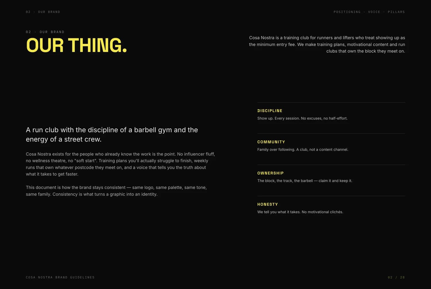 Guidelines page setting out the Cosa Nostra positioning and four pillars: discipline, community, ownership and honesty