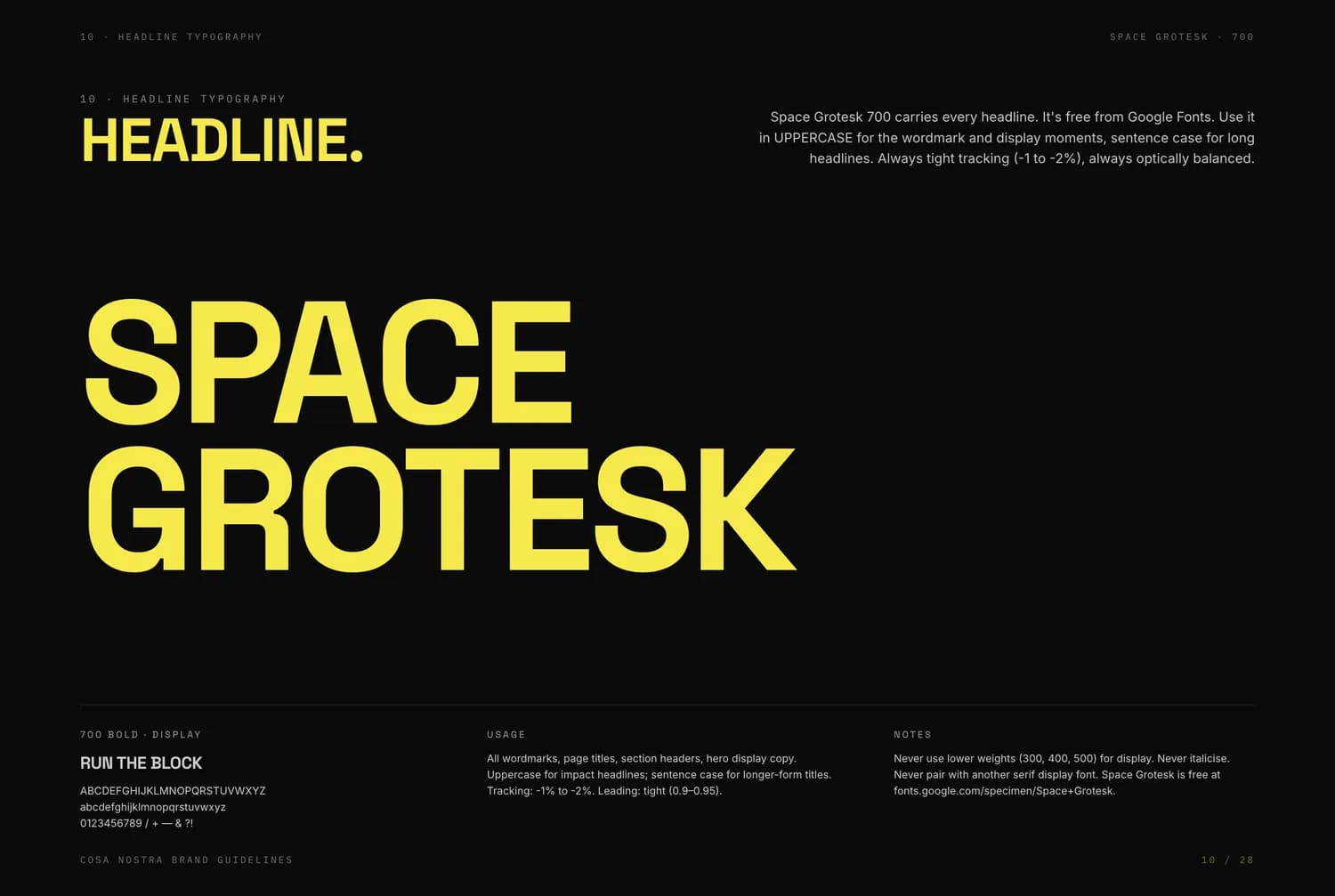 Headline typography page specifying Space Grotesk 700