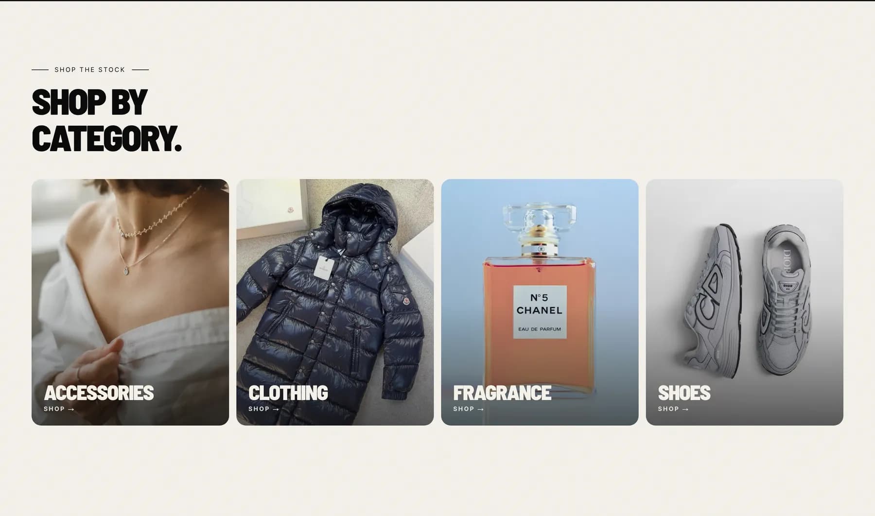 Shop by category with accessories, clothing, fragrance and shoes tiles