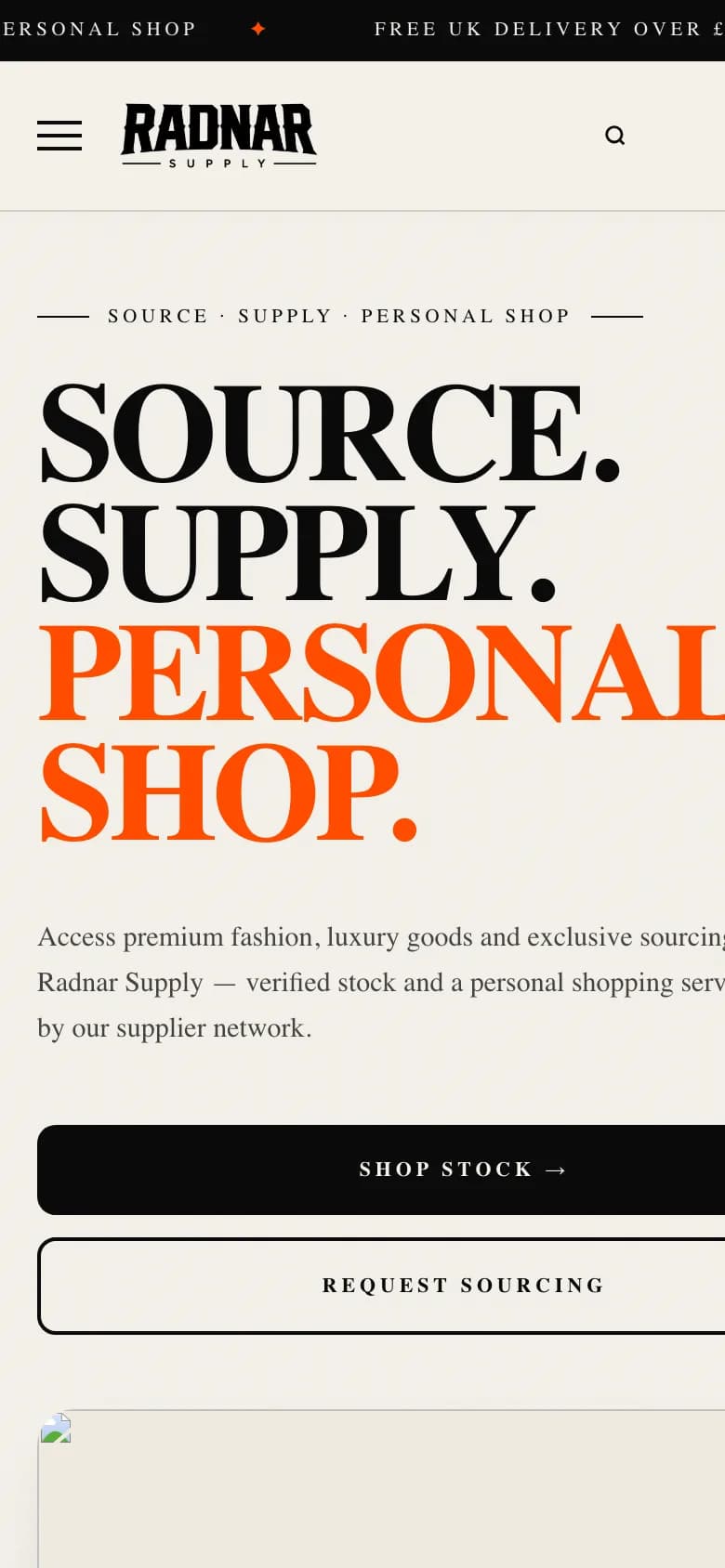 Radnar Supply homepage on mobile with the full-width headline