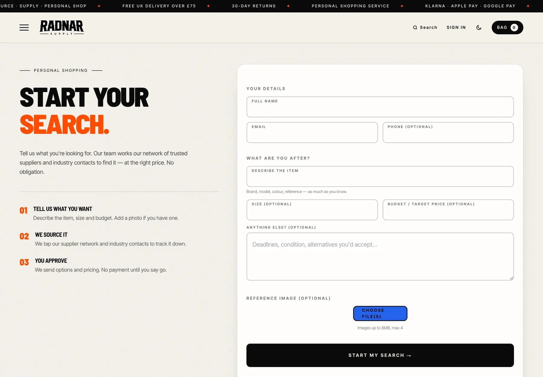 Radnar Supply sourcing request page with a three-step explanation and a structured request form
