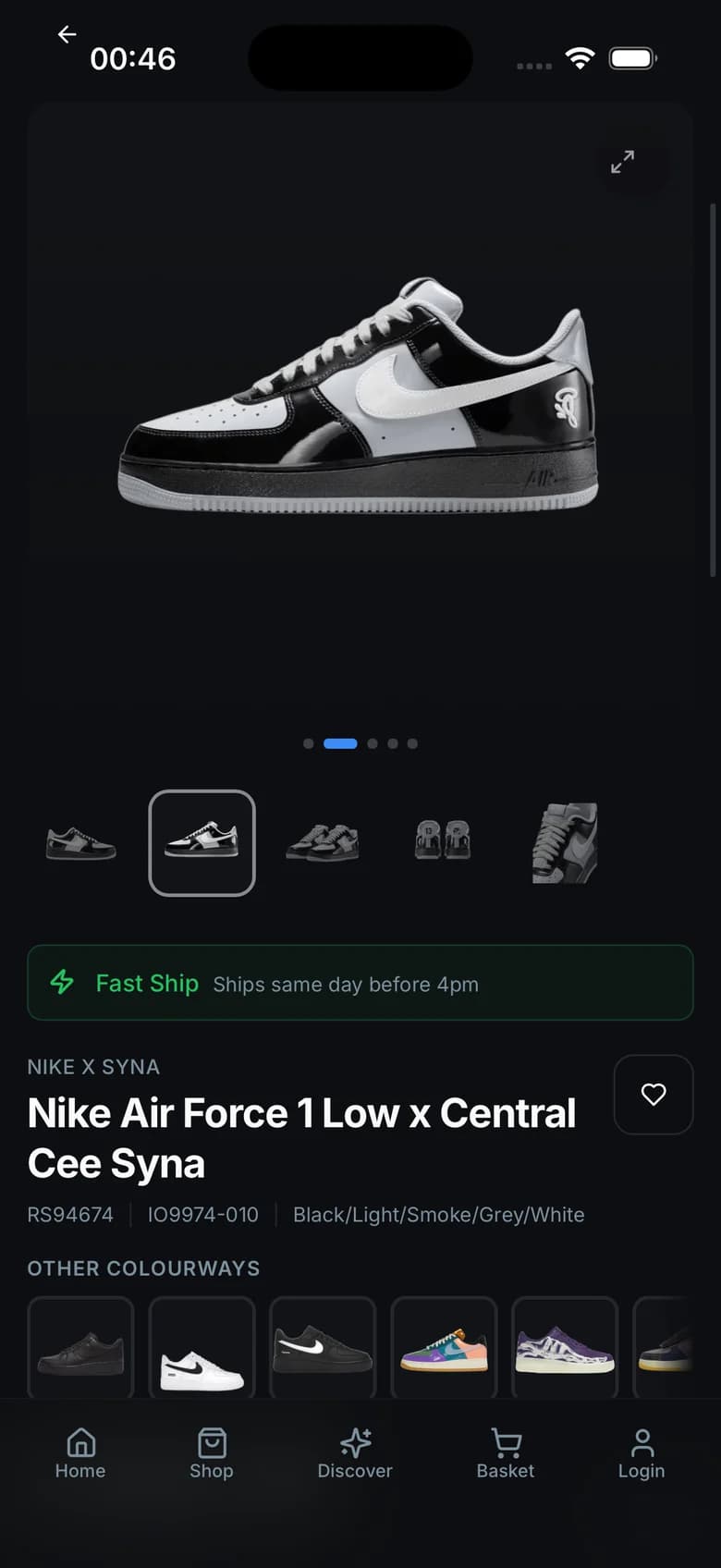 Resoled iOS product page for the Nike Air Force 1 Low x Central Cee Syna