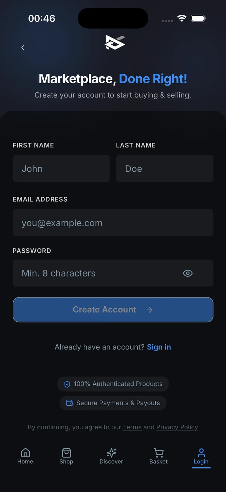 Resoled iOS sign-up: Marketplace, done right