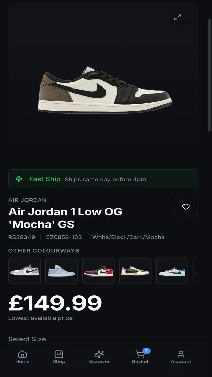 Resoled product page showing price, other colourways, style code and size selection
