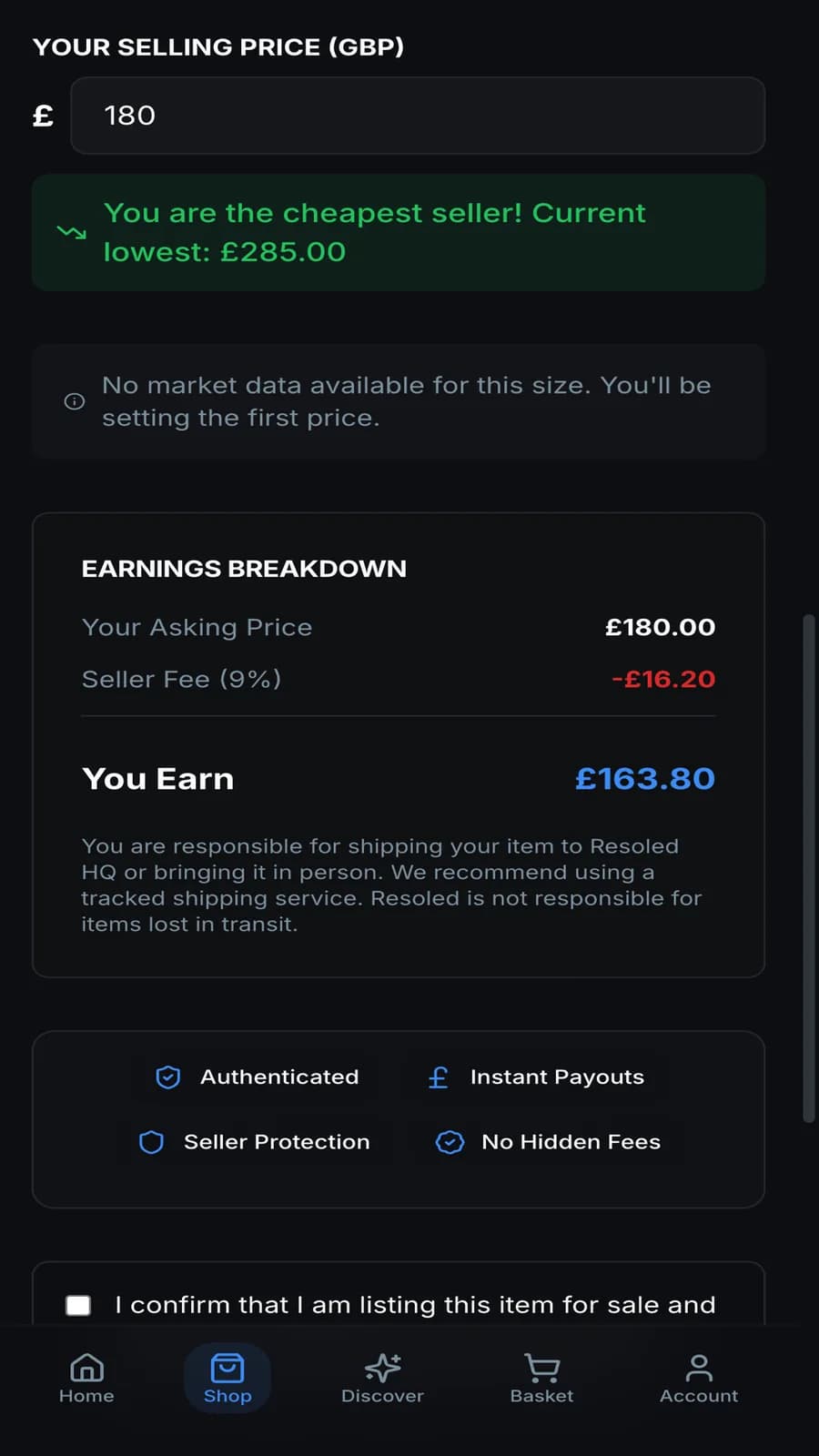 Resoled listing flow step two: market position check and an earnings breakdown with the 9% seller fee