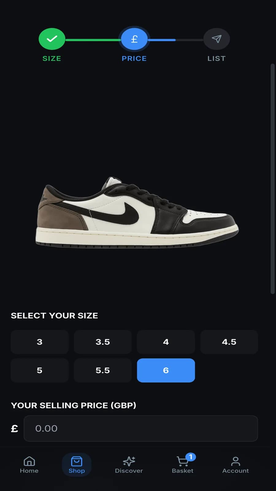 Resoled listing flow step one: size selection under a size, price and list progress indicator