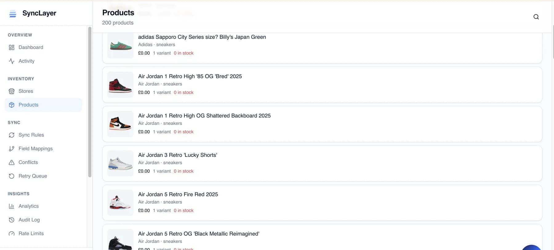 SyncLayer dashboard: a synced product catalogue beside a sidebar covering stores, sync rules, field mappings, conflicts, retry queue, analytics, audit log and rate limits